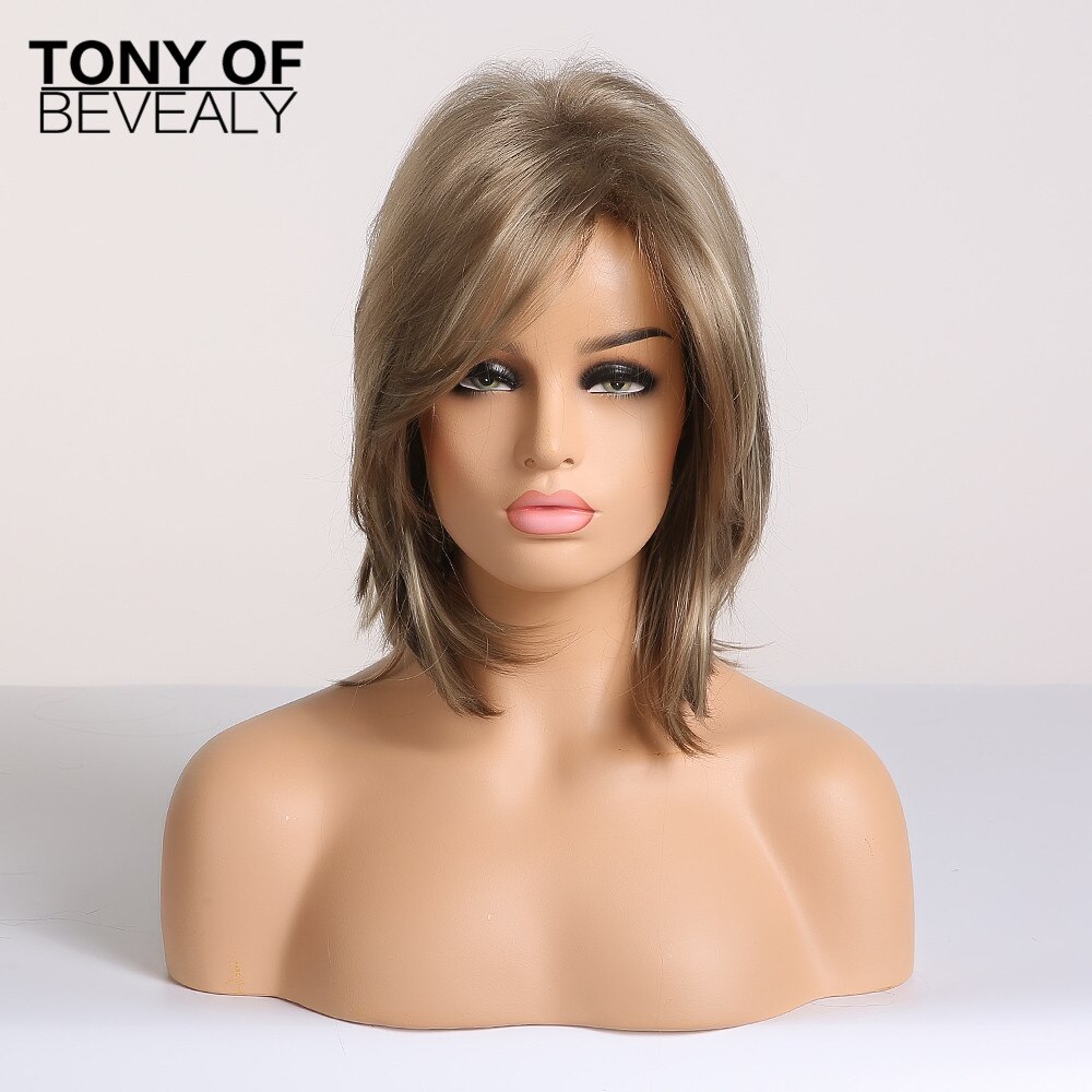 Bob corto-Peluca de cabello lacio Castaño para mujer, pelo sintético con flequillo, capas esponjosas, pelucas para uso diario, fibra resistente al calor