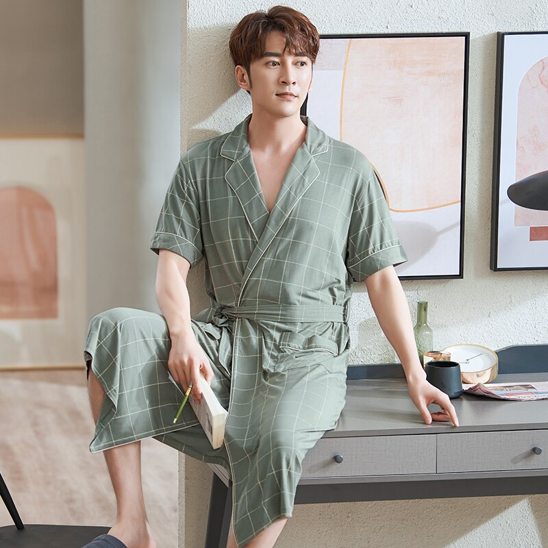 Zomer Mannen Korte Mouwen Robes Modal Katoen Lange Badjas Lounge Wear Thuis Gekleed Loungewear Nachtkleding Grote Werven Pyjama Gewaden
