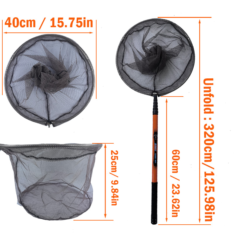 Red de pesca extensible liviana de 6 secciones, longitud de 60-280 cm, 40 cm de diámetro de malla
