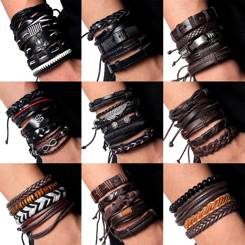 Wood Bead Male Multilayer Leather Bracelet Men Braided Rope Wrap Bracelets Bangles Pulseira Masculina Jewelry Pulsera
