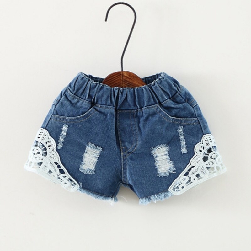 2-12y piger jeansshorts med blonder huler cowboy børn piger søde shorts jeans korte blonder lomme denim shorts børn