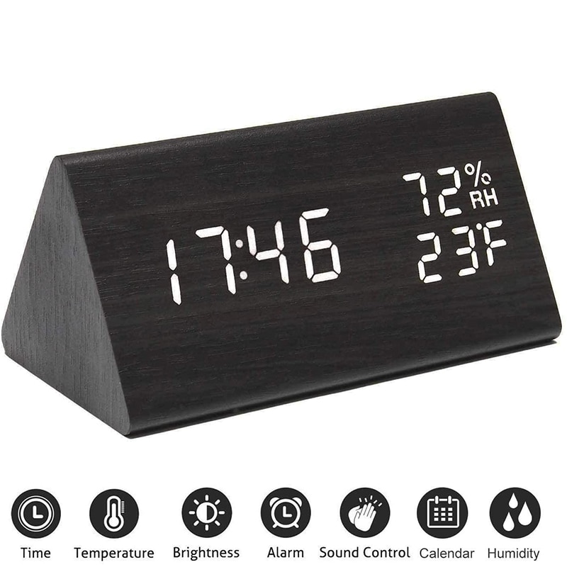 Digital Alarm Clock Wooden Electronic LED Time Display Humidity Temperature Detect Wood Made Electric Clocks for Bedroom Bedside