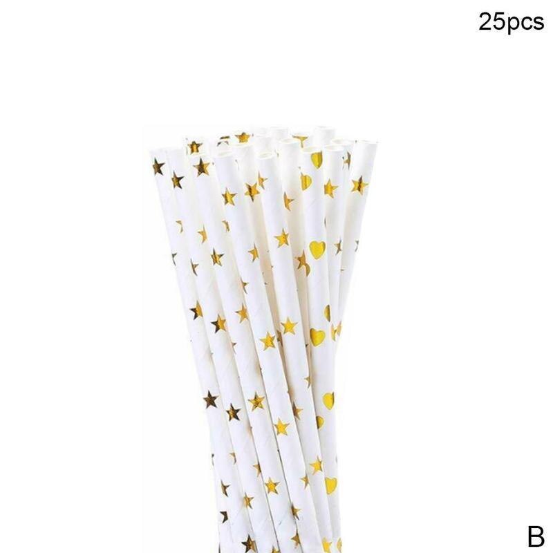 50pcs Gold foil Disposable Paper Straw Christmas Wedding Cartoon Birthday Supplies Party Degradable Juice Drink Straw Kids G2M4: B