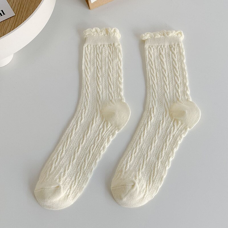 Calcetines de algodón de estilo japonés para mujer, calcetín con volantes, Color liso, negro y blanco, coreana: nai white
