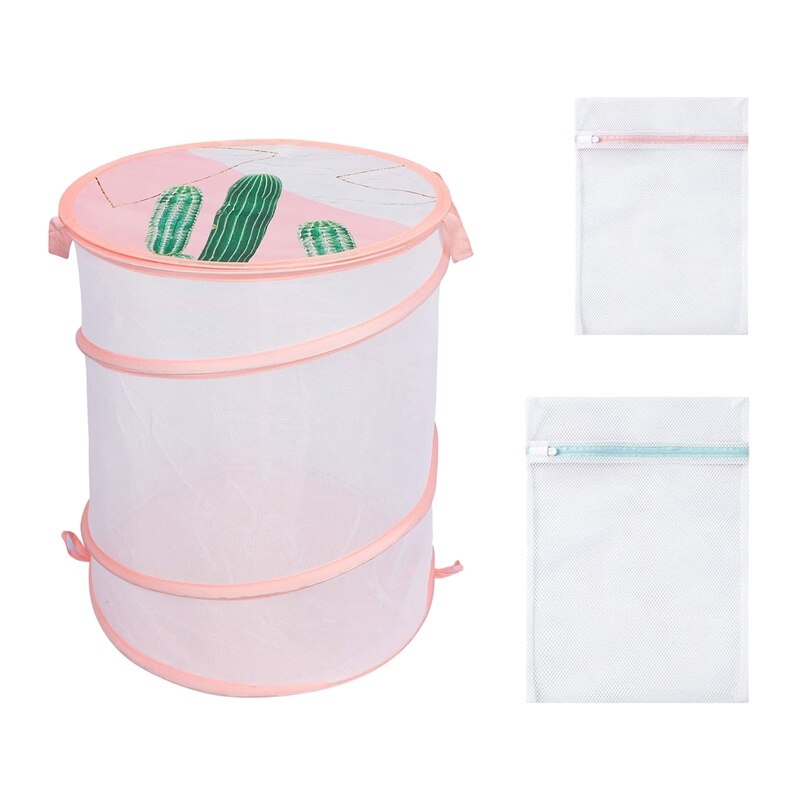 Mesh Collapsible Laundry Basket with Lid,Dirty Hamper with 2 Mesh Laundry Bags,Portable,for Bedroom,Bathroom: Pink