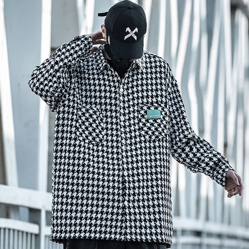 Houndstooth Frayed Tweed Jacket Coat Men Black Plaid Shirts Vintage Loose Long Sleeve Pockets Male Outerwear Chic Casual Tops