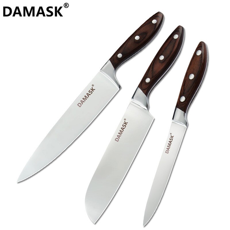 Damask Stainless Steel Knives Set 7CR17 High Carbon Steel Kitchen Cutlery Knife Utility Santoku Chef Knife With Full Tang Handle: D. 3 Pcs Set