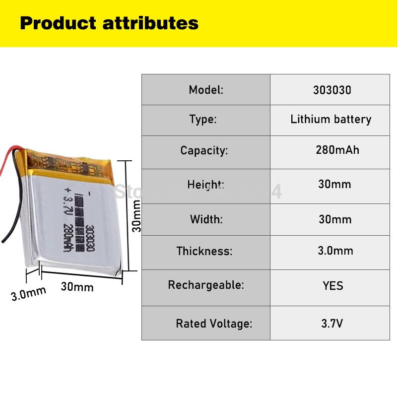280mAh 3.7v 303030 Rechargeable Lipo Battery For GPS MP4 Camera Power Bank Tablet Electric Toys PAD DVD Lithium Polymer Battery