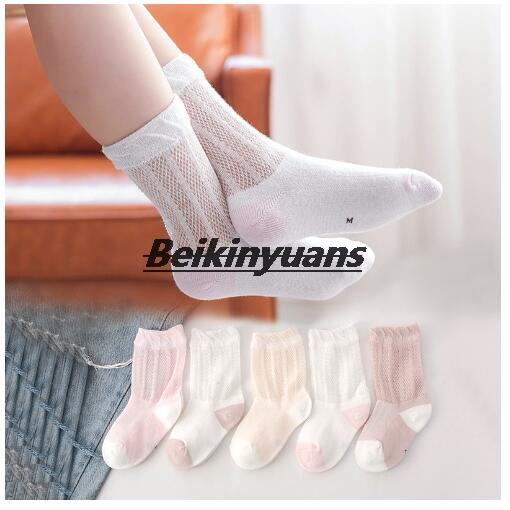5 paia di calzini per bambini maglia tubo di ventilazione studenti calzino calzini per bambini di colore puro estate lunga sottile morbido neonato bambini sokken: pink / 7-12year