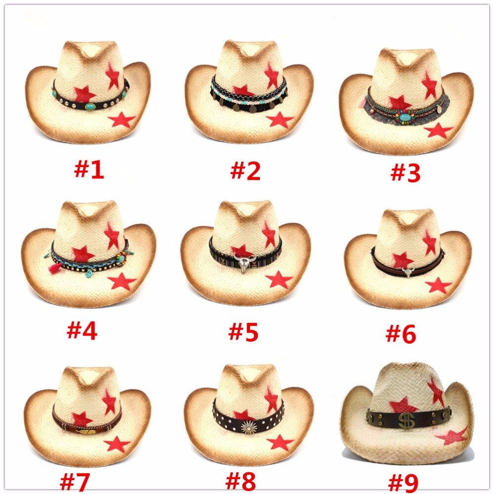 Frauen Männer Straw Western Cowboy Hut Mit Punk Blätter Band Stern Dame Dad Sombrero Hombre Cowgirl Jazz Kappen Größe 58CM