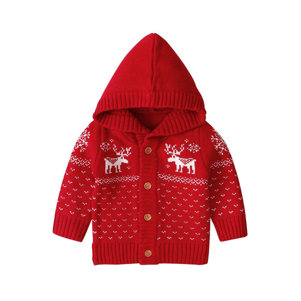 Cárdigan con capucha para bebé de 0 a 18M, ropa de Navidad, abrigo de ciervo tejido para niño, traje de manga larga con botones, Top para niño invierno: A RED / 12 meses