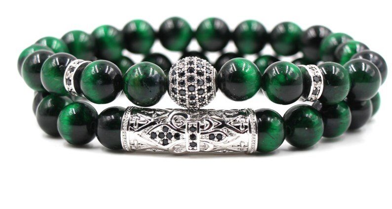 8mm 2 stks/set tg43 elastische aangepast natuur groene Tijgeroog bead micro pave cz zirkoon zirconia Koperen Armbanden Armband: 2