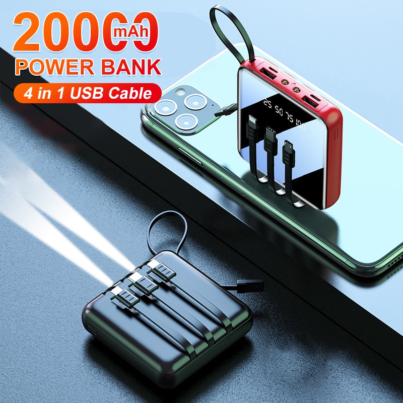 4 in 1 20000mAh Mini Energie Bank LED-anzeige Externe Batterie PoverBank Tragbare Ladegerät Energie Mit 2 LED-Licht für iPhone 12