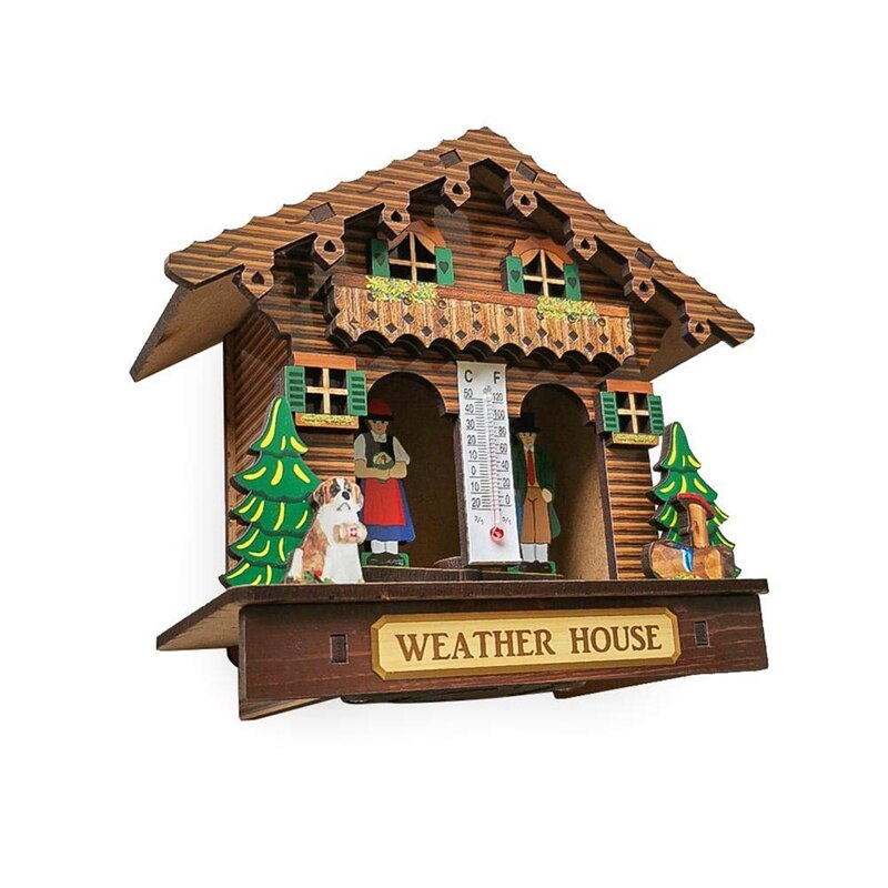 Météo maison, forêt météo maison avec homme et femme, bois Chalet baromètre thermomètre et hygromètre décoration de la maison mur Ha