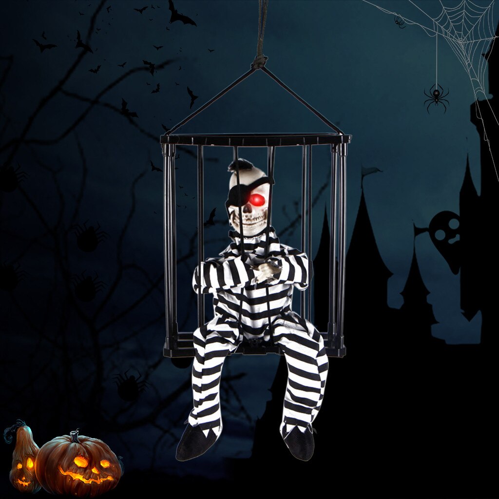 Halloween Hanging Voice-Control Skeleton Prisoner Dressing With Prison Clothes Red Glowing Eye The Skull In Prison shout Decor