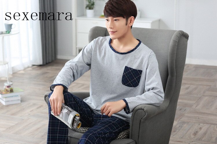 2019no brand men cloth cotton o-neck collar long grey coat and blue plaid pants