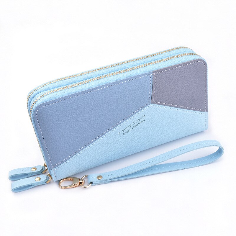 Women Zipper PU Leather Wallet Large Capacity Casual Simple Patchwork Waterproof Lady Wrist Band Handbag Card Phone Bag