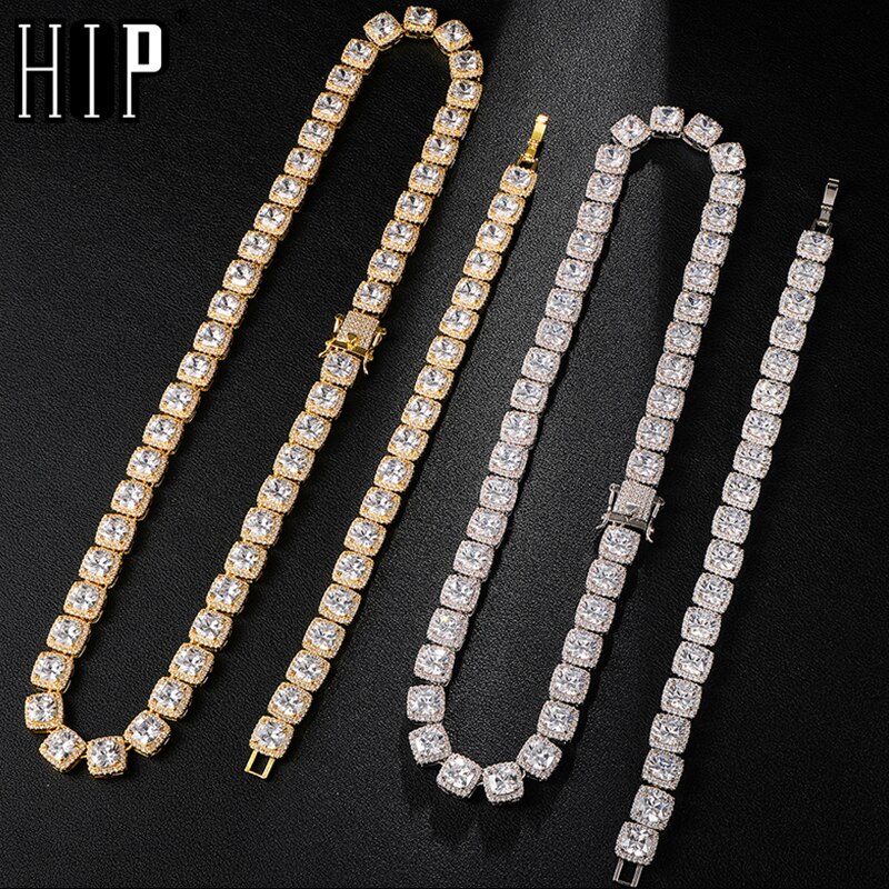 Hip Hop 10Mm Bling Zirconia Iced Out Armband Ketting Geometrische Vierkante Aaa Cz Steen Tennis Ketting Voor Mannen vrouwen Sieraden