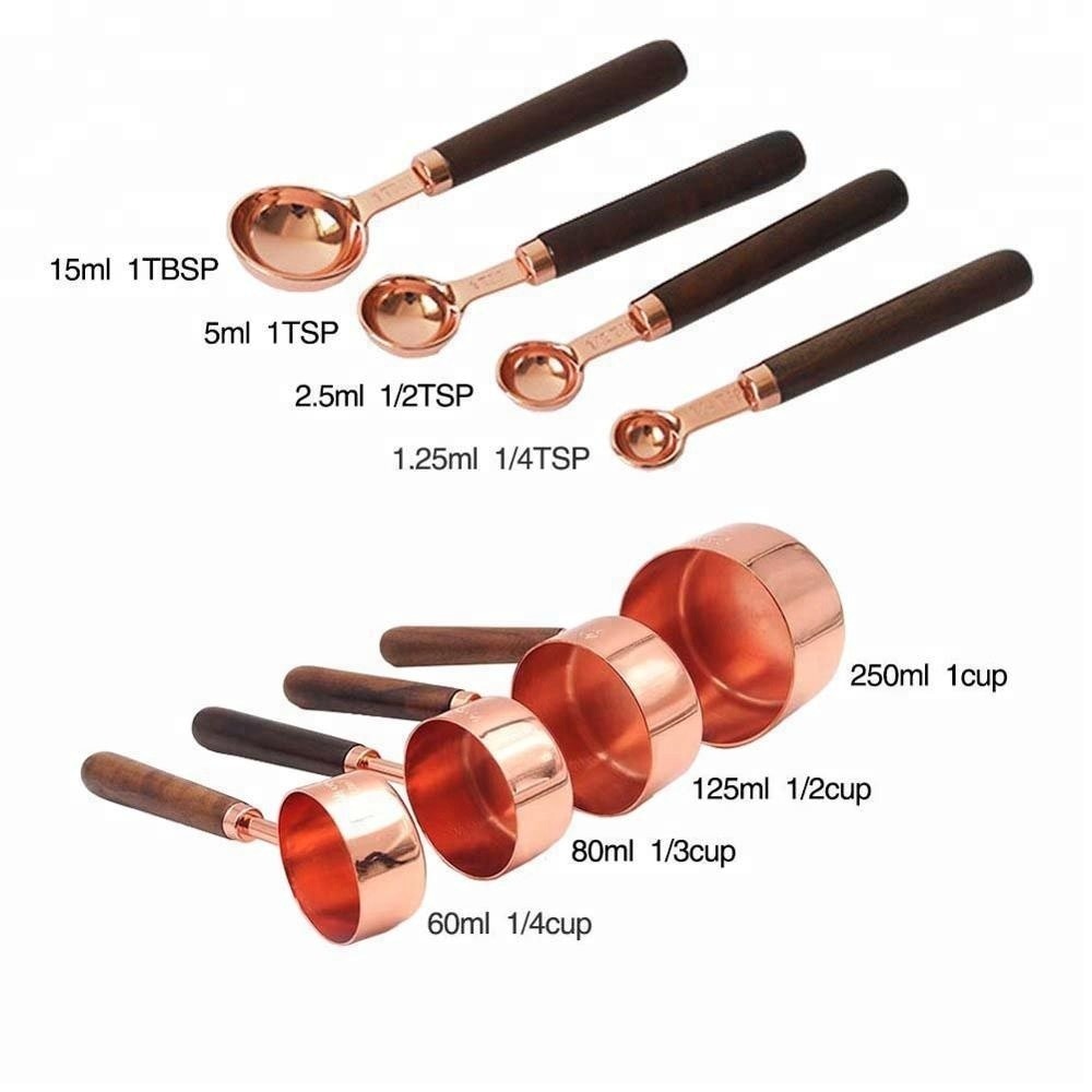 Manche en bois de noyer, plaqué cuivre, tasses à mesurer, cuillère à gâteau, ensemble d&#39;outils de sucre