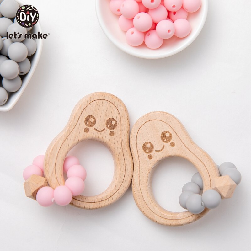 let’s make 1pc Baby Teether Wooden Avocado Bead Care Bracelet BPA-Free Silicone Rattle Teeth Bead Baby Rattle Nurse Toy