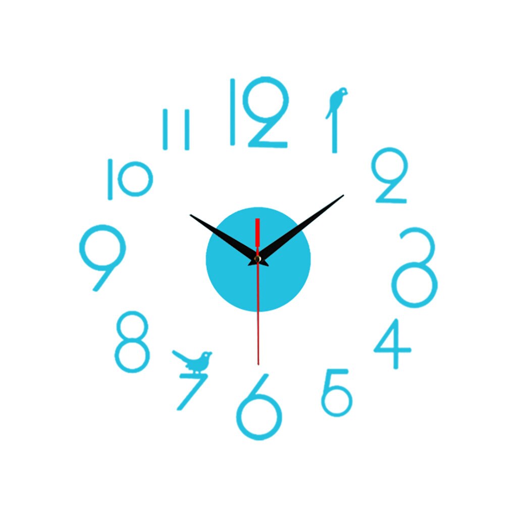 25# Frameless DIY Wall Mute Clock 3D Mirror Surface Sticker Home Office Decor 12-hour Display Wall Clock With Time Mark: Blue 