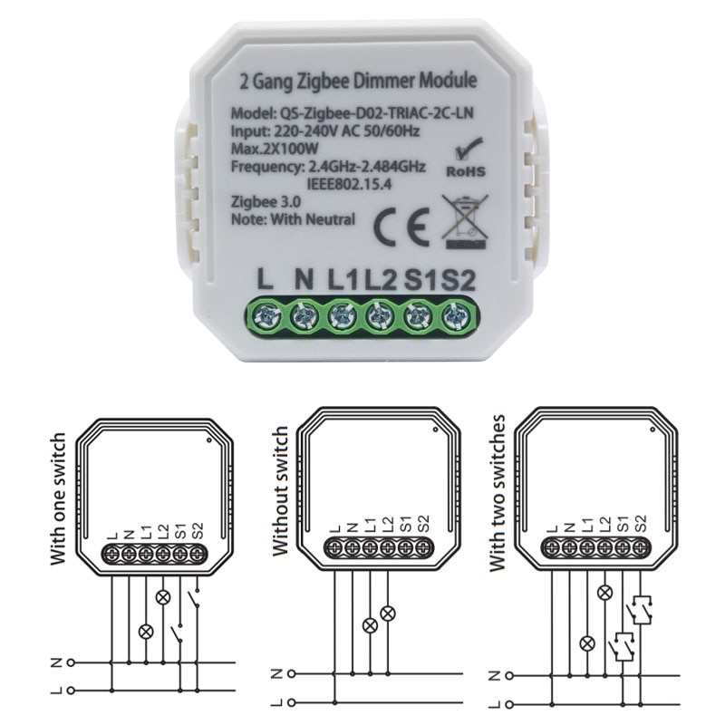 Tuya Smart Zigbee Dimmer Switch Module 1/2 Gang With Neutral 2 Way Wireless Control Works With Alexa Google 220-240V Automation