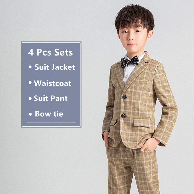 Ragazzi Plaid Suit Jacket bambini smoking abito formale abiti set bambino matrimonio mattina cappotto anello portatore blazer gilet pantaloni costumi: 4 Pcs Sets / 100