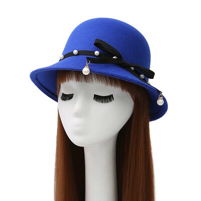Mode Australische Wollen Fedora Hoed Strik Parel Hanger Noble Bowler Hoeden Voor Vrouwen Wide Brim Formele Kerk Cloche Hoed: 1