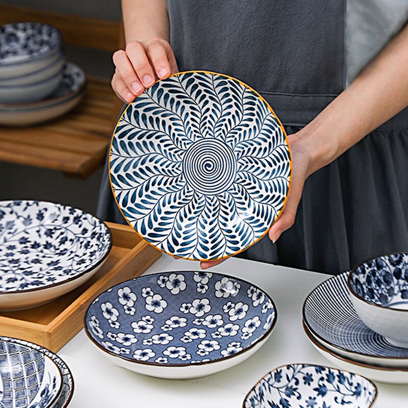 Vajilla de estilo chino con blanco y azul para pintar a mano de 8 pulgadas, platos de cerámica para fruta, ensalada, sopa