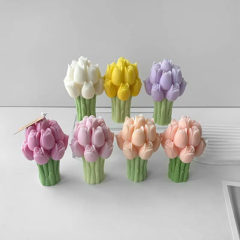 Molde de silicona para ramo de tulipán 3D, flores artesanales, velas aromáticas, moldes de adorno de yeso, hecho a mano, suministros para hacer velas y jabón