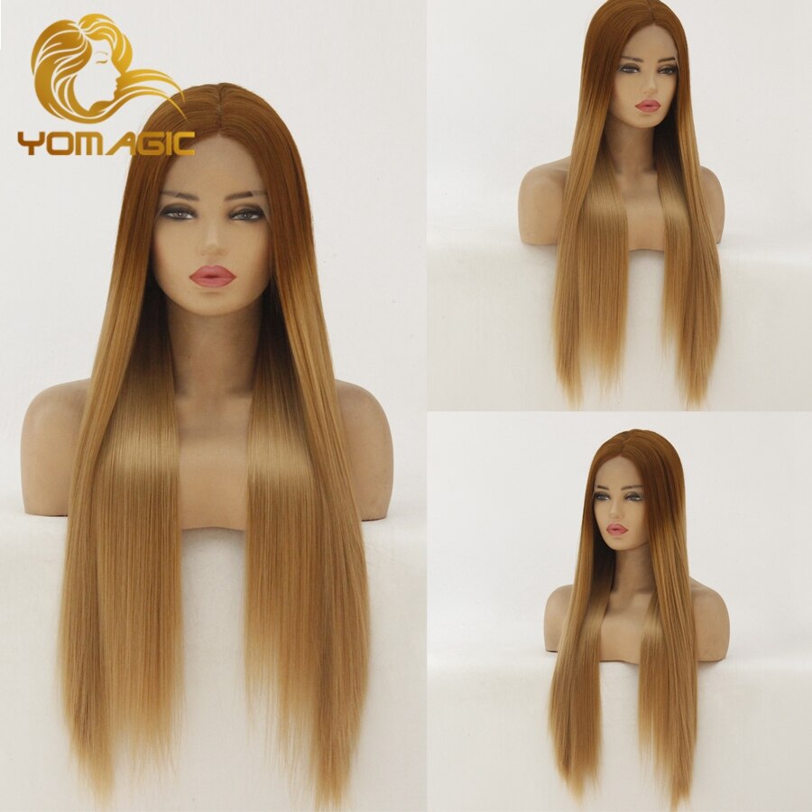 Yomagic Ombre Kleur Lace Front Pruiken Voor Vrouwen Lange Rechte Honing Blond Synthetisch Haar Pruiken Betaalbare Gekleurde Pruiken Voor Party