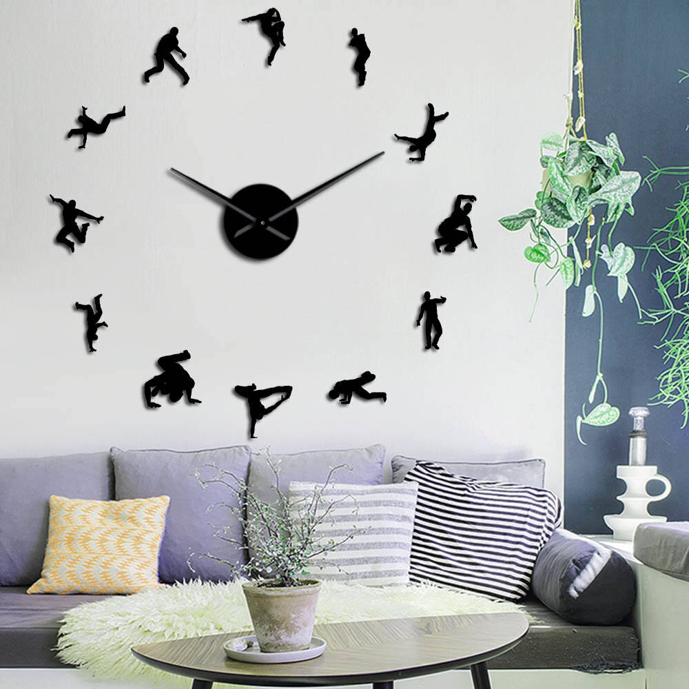 Hip Hop Dancers Silhouette Wall Art Sticker DIY Wall Clock Contemporary Break Street Dance Dancing Studio Decor Mute Clock Watch