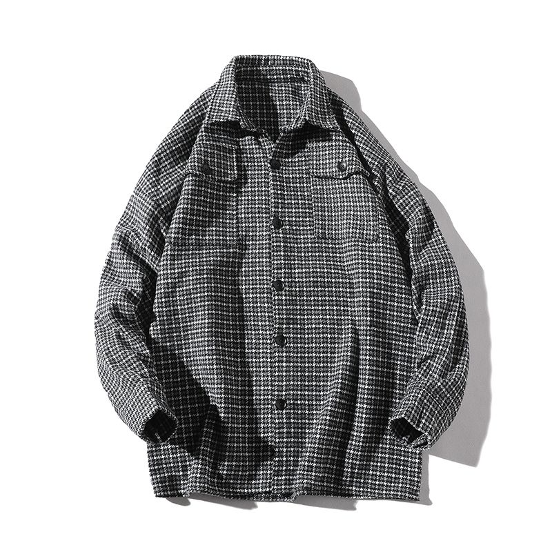 Herfst geruite wollen jas heren retro casual wollen jas heren streetwear wilde losse koreaanse wollen wollen jas heren s -4xl: Zwart / S