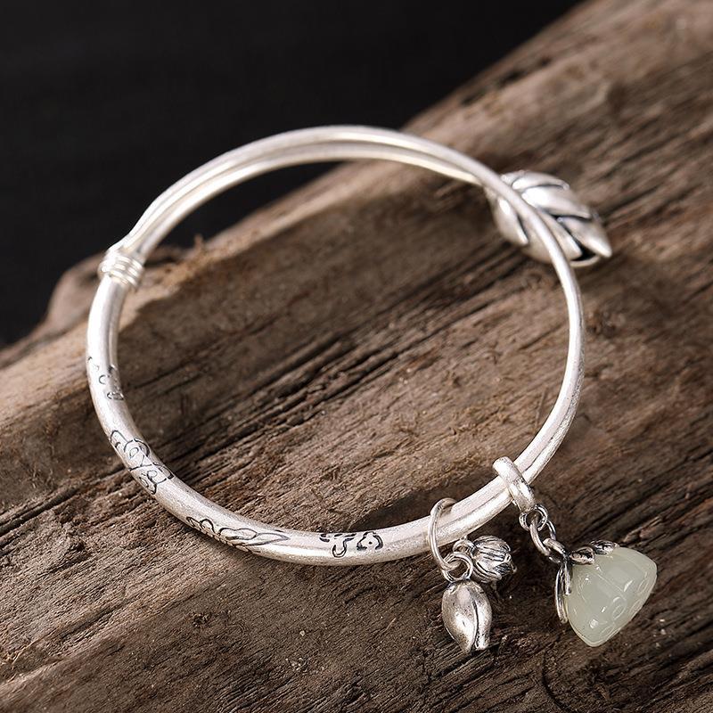 Pulseira de prata para mulheres s925 prata esterlina s925 sino de mudas de lótus ajustável sólido retrô retrô simples de prata pus: Default Title
