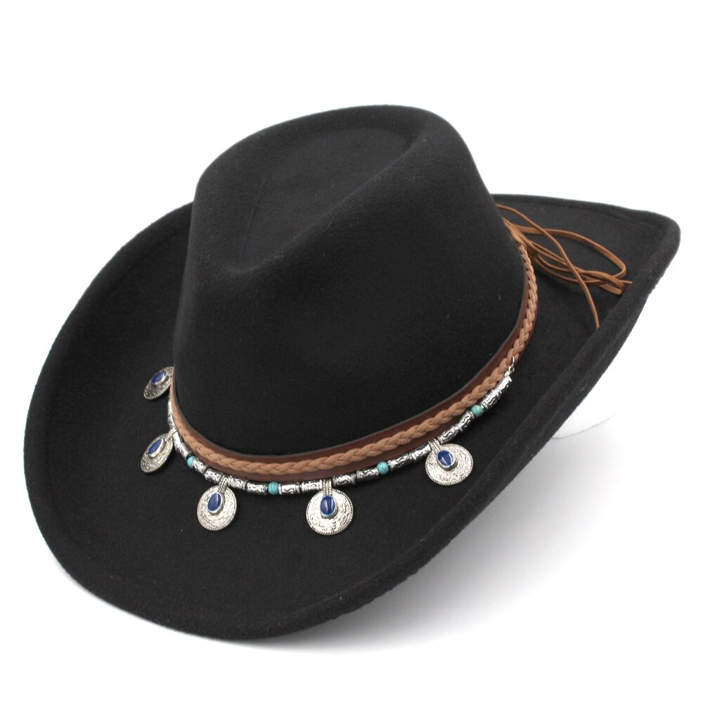 Munng Unisex Retro Western Equestrian Cowboy Hat Cattleman Riding Upturn Wide Brim Cowgirl Cap Beading Braided Hatband: black
