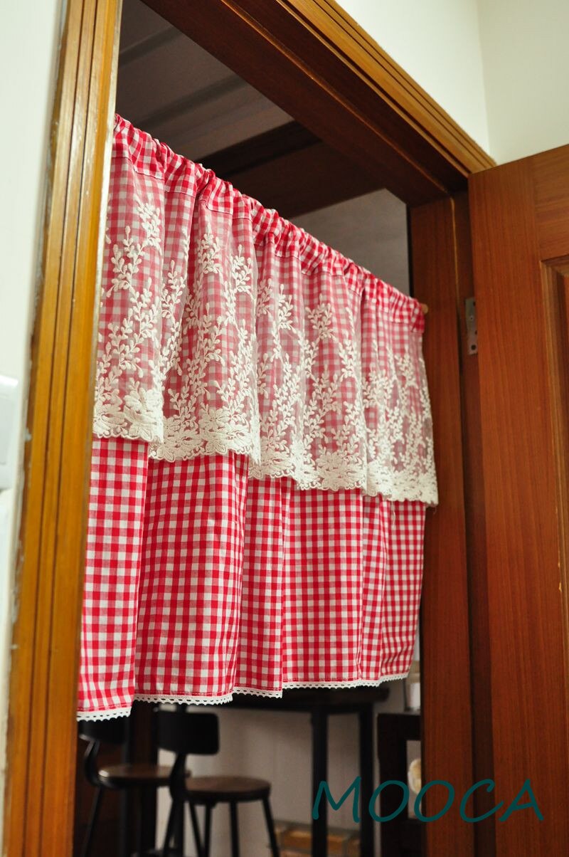 Red White Gingham Checkered Plaid curtain with lace short kitchen curtain