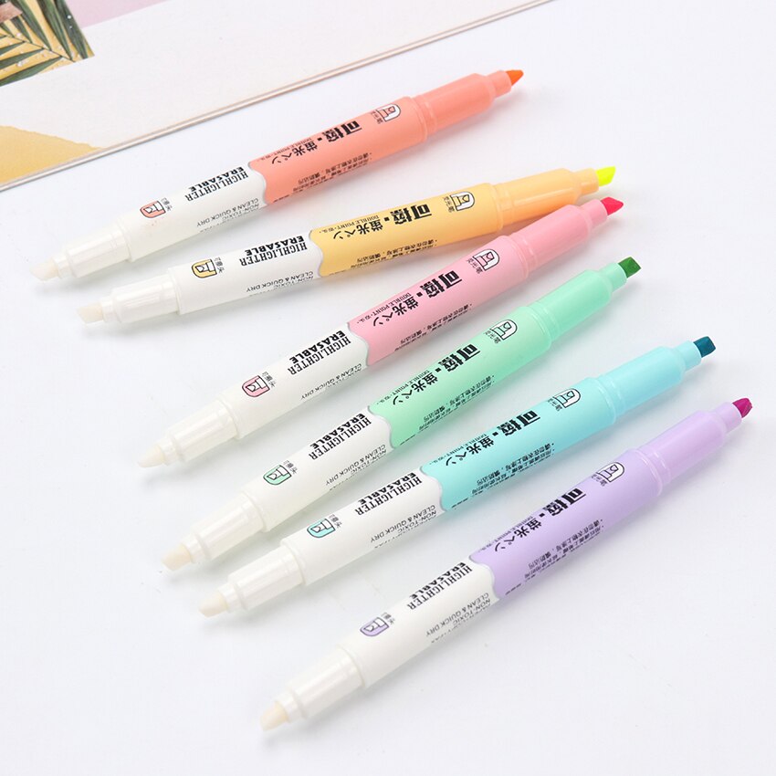 Dobbelthoved sletbar highlighter pen markører fluorescerende pen highlighters pen tegning kunstforsyninger 6 stk / sæt