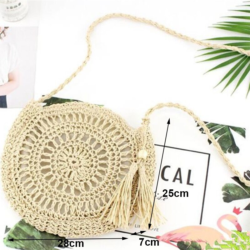 Yogodlns Round Soft Paper Rope Shoulder Bag Tassel Summer Beach Handmade Crossbody Bags Women Hollow Straw Bag Circle Rattan Bag: beige style1