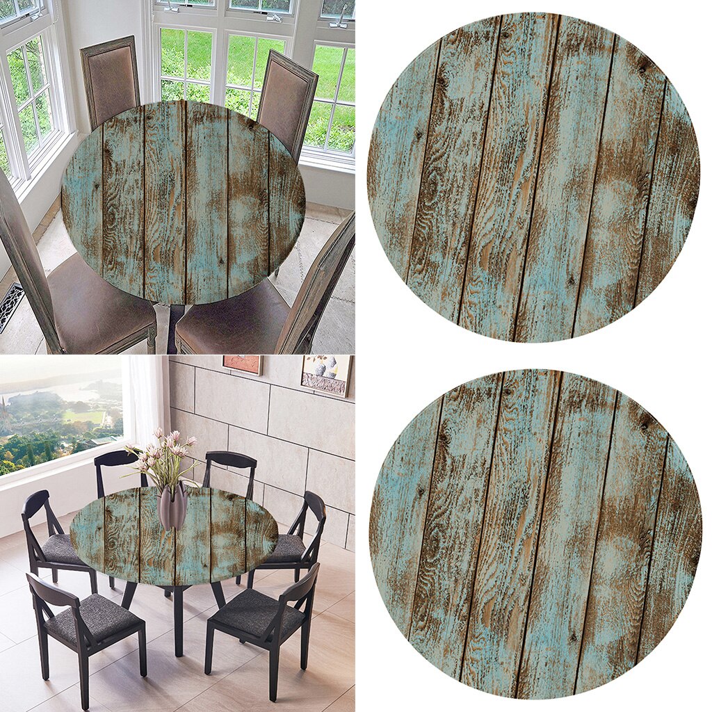 2 Pcs Tafelkleed Ronde 59 Inch Elastische Rand Voorzien Vinyl Tafel Dekken, Rustieke Shabby Houtnerf Patroon