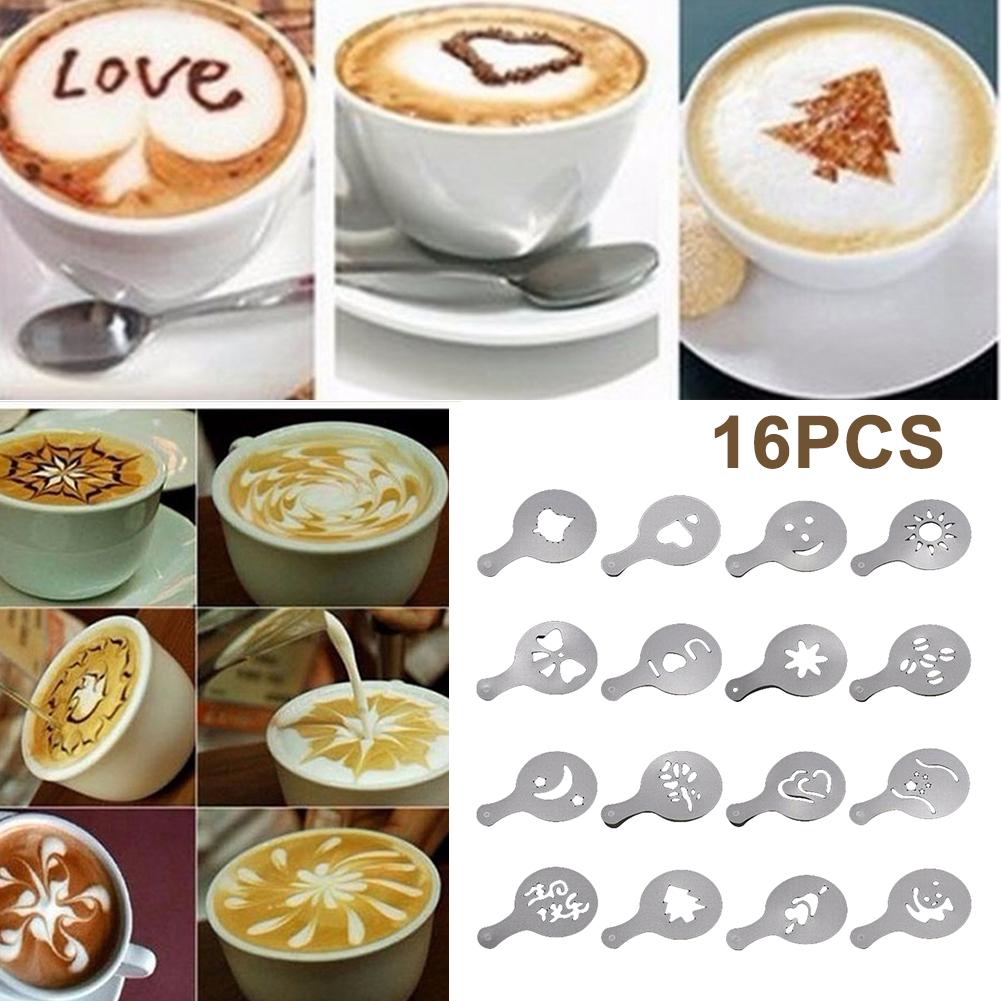 Fødevarekvalitet pp plast 16 stk gør-det-selv kaffe stencils latte cappuccino form kunst bage stencils skabelon restaurant værktøjer
