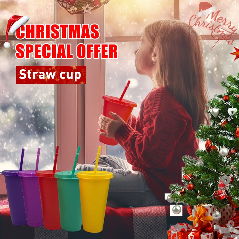 Reusable Ice Cold Drink Coffee Juice Tea Cup Reusable Smoothie Plastic Iced Tumbler Travel Mug With Straw Christmas Bottle