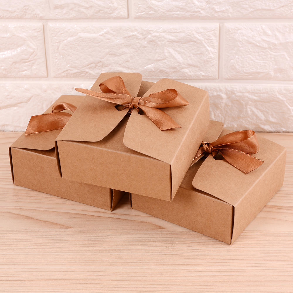 Caja de papel Kraft cuadrada, embalaje de cartón, de San Valentín, cajas de almacenamiento de dulces con cintas