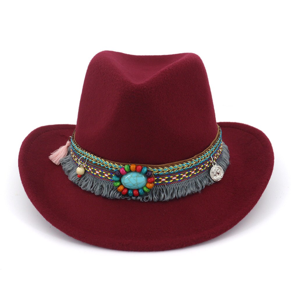 Sombrero de lana ahuecado para mujer, Sombrero de cowboy del oeste, con ala ancha enrollable, capucha, Sombrero ecuestre de Jazz con cinta de estilo nacional AD0853: Wine red