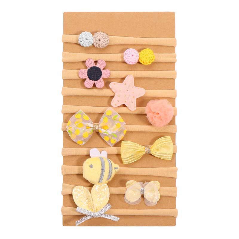 10/12 Pcs/Set Bows Bloem Zachte Nylon Elastische Pasgeboren Baby Meisje Hoofdbanden Strik Kant Bloemen Baby Haar Accessoires: 10pcs yellow