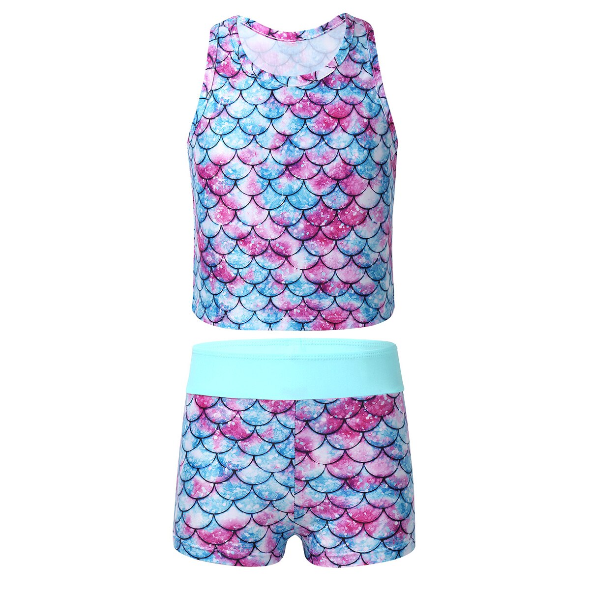 Kids Girls Tankini Swimsuits Sleeveless Racer Back Fish Scales Printed Swimwear Bathing Suit Set Swimsuit Tops with Swim Bottoms: Mint Green / 8