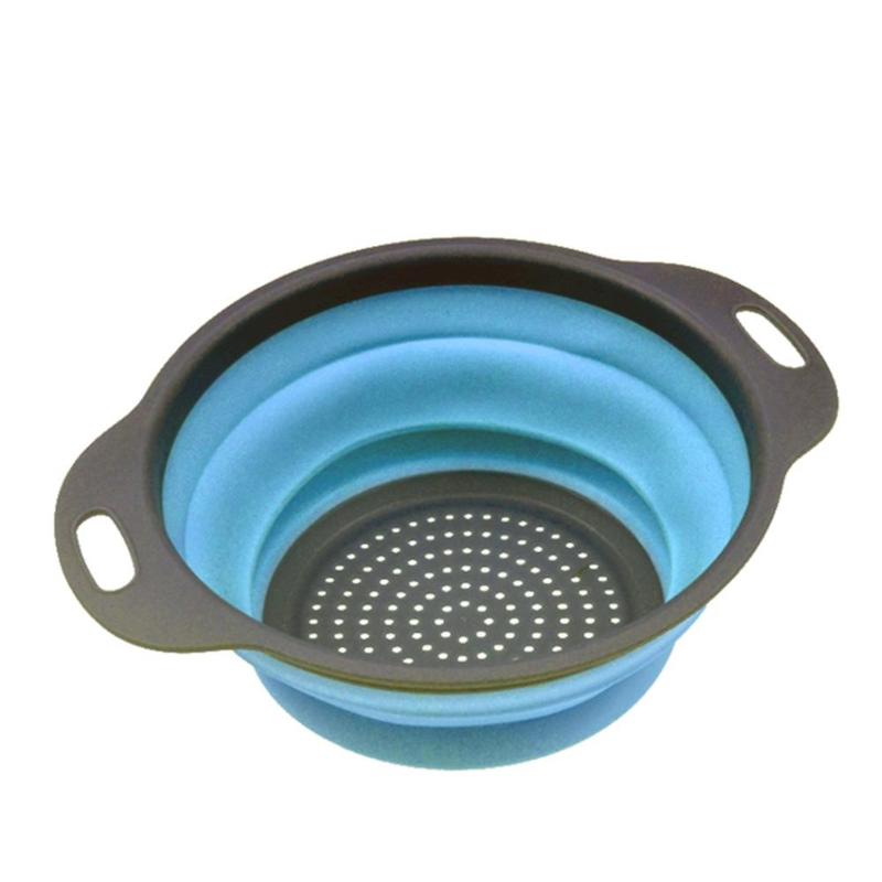Foldable Silicone Colander Fruit Vegetable Washing Basket Strainer Drain Kitchen Gadget Tool Collapsible Drainer With Handle: Blue large