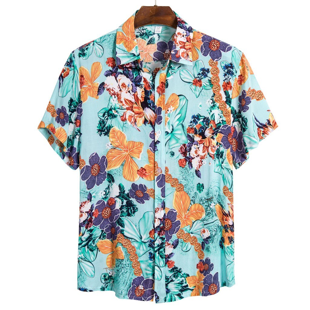 Printing Mens Hawaiian Shirt Lapel Short Sleeve Camisa Breathable Blouse Summer Vacation Men Casual Shirts 4#