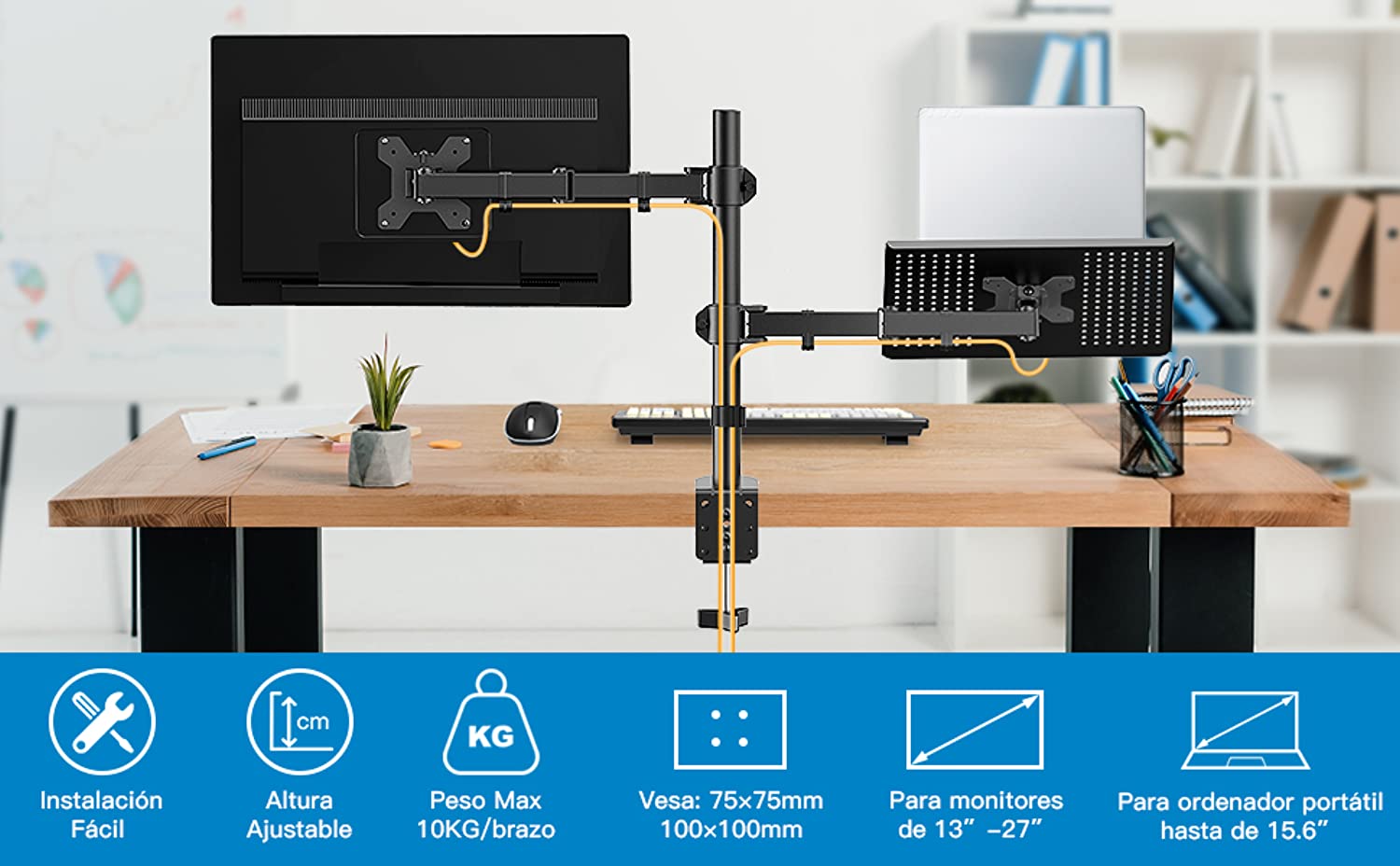 Bandeja de brazo de Monitor para portátil, totalmente ajustable para pantalla LCD LED de 13-27 pulgadas y Notebook de hasta 15,6 pulgadas, 2 opciones de montaje