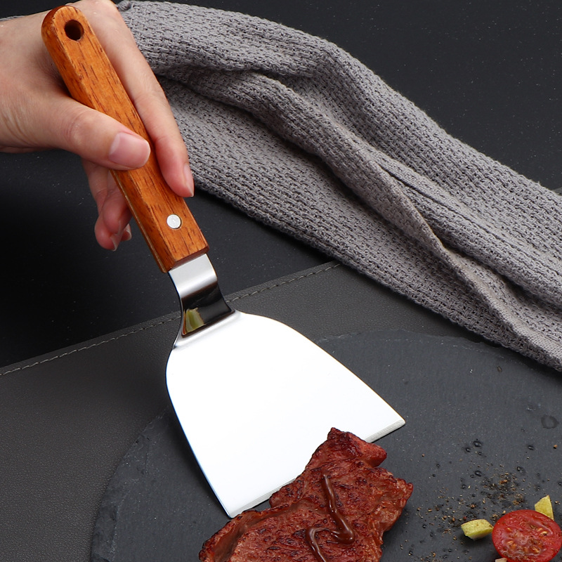 Spatule de cuisson avec manche en bois en acier inoxydable, pelle à frire pour Steak et crêpes, grattoir Teppanyaki, outil de Barbecue, accessoires de cuisine
