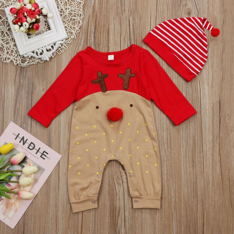 Pudcoco 2 Stuks Pasgeboren Baby Jongens Meisje Kerst Rompertjes Lange Mouwen Herten Romper Jumpsuit Hoed Nachtkleding Party Kostuum Babykleertjes